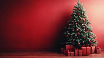 Festively decorated Christmas tree with gifts against a vibrant red backdrop photo