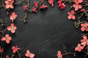 Delicate pink flowers arranged on a chalkboard for a creative and vibrant presentation background photo