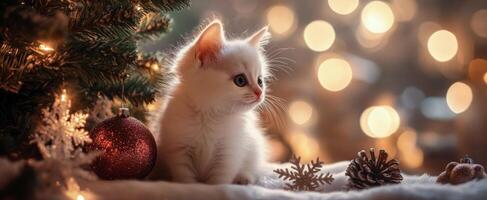 adorable mullido blanco gatito sentado cerca un festivo Navidad árbol con centelleo luces foto