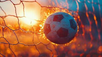 Soccer ball hitting the net at sunset during an evening match, highlighting the intensity of play photo