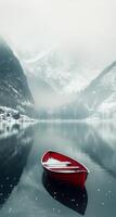 A solitary red boat anchored in calm waters surrounded by misty snow-covered mountains photo