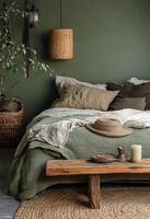 Cozy bedroom with earthy tones and natural elements for a serene retreat in the afternoon light photo