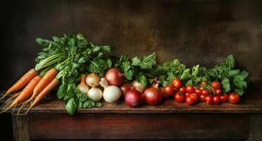Freshly harvested vegetables arranged on a rustic wooden table with rich colors and textures photo