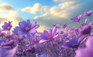 Vibrant purple flowers blooming in a sunlit meadow during spring photo