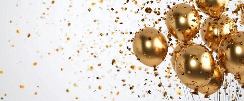 Gold and white balloons filled with confetti floating against a light background for a celebration photo