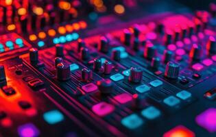 Close-up view of an illuminated sound mixing console with vibrant buttons and dials at night photo