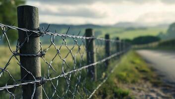 Barbed wire fence along a rural landscape in warm daylight with rolling hills in the background photo