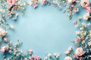 Beautiful arrangement of various flowers on a light blue background for spring decoration photo