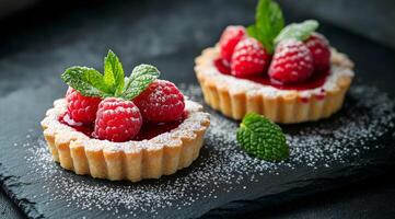 Delicious raspberry tarts with fresh mint displayed on a dark slate board photo