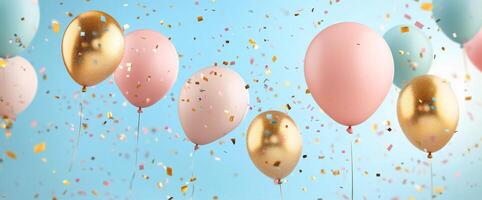 Colorful balloons and confetti create a festive atmosphere for a celebration or party photo