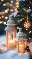 Cozy holiday lanterns glowing warmly under falling snowflakes near a decorated Christmas tree photo