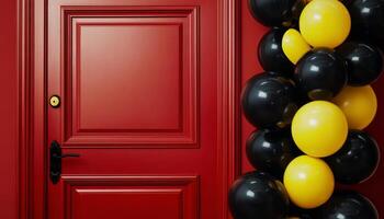 Bright red door adorned with black and yellow balloons adds festive charm to the entrance photo