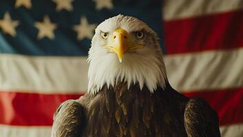 Majestic bald eagle perched in front of an American flag during daylight hours photo