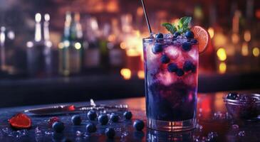 Vibrant cocktail with blueberries and mint served in a tall glass at a lively bar during the evening photo
