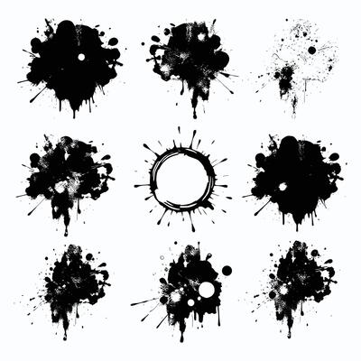 Diverse Black Ink Splatter and Drip Collection on Light Background