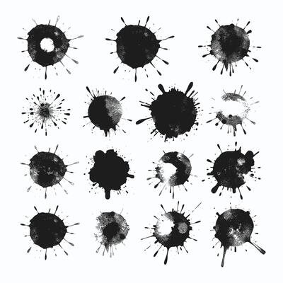 Varied Black Ink Spot and Splash Collection on Light Surface