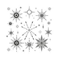 Black and White Star and Snowflake Illustrations on White Background vector