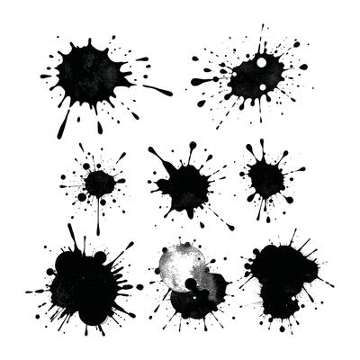 Black and White Ink Splatter Collection on White Background