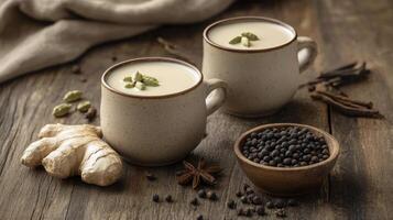 Warm ginger drinks in rustic mugs with spices on wooden table during cozy afternoon photo