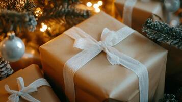 Beautifully wrapped gifts under a Christmas tree adorned with soft lights and festive decorations photo