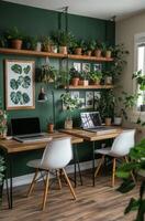 Modern office workspace with lush greenery and stylish decor in a contemporary home setting photo