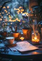Cozy workspace with plants, warm light, and a cup of coffee during a tranquil evening photo