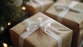 Beautifully wrapped gifts under a Christmas tree adorned with soft lights and festive decorations photo