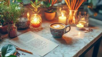 A cozy coffee setting with candles, flowers, and handwritten notes on a marble table photo