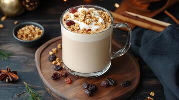 Creamy beverage topped with granola and cranberries, styled on a rustic wooden backdrop photo