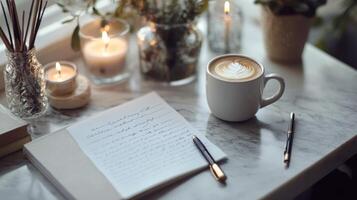 A cozy coffee setting with candles, flowers, and handwritten notes on a marble table photo