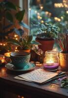 Cozy workspace with plants, warm light, and a cup of coffee during a tranquil evening photo