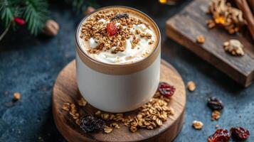 Creamy beverage topped with granola and cranberries, styled on a rustic wooden backdrop photo