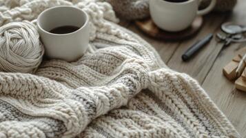 Cozy warm drinks and knitting supplies on a textured blanket in a sunlit indoor setting photo