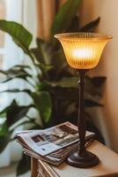 Soft, warm light illuminating a vintage lamp beside magazines on a cozy table in a sunlit room photo