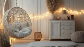 Cozy indoor space featuring a hanging chair, soft lighting, and decorative elements in a serene room photo