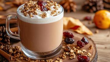 Creamy beverage topped with granola and cranberries, styled on a rustic wooden backdrop photo