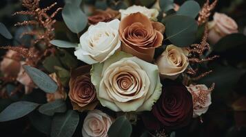 Beautiful arrangement of cream and burgundy roses with greenery in a close-up setting photo