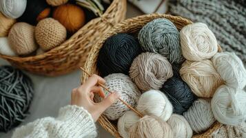 Cozy knitting session with various yarns in a warm, inviting indoor setting during autumn photo