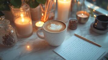 A cozy coffee setting with candles, flowers, and handwritten notes on a marble table photo