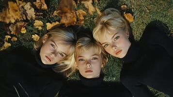 Three young girls in black turtlenecks lying on grass with autumn leaves in the park at midday photo