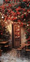 Charming outdoor cafe adorned with vibrant flowers and warm lights during the evening hours photo