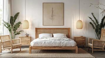 Cozy modern bedroom with woven furniture, warm lighting, and natural decor in a serene setting photo