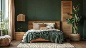 Cozy bedroom with green walls, natural decor, and a serene atmosphere during daylight hours photo