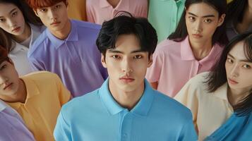 A diverse group of young adults in colorful polo shirts posing together in a modern studio setting photo