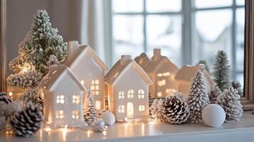 Decorative winter village with illuminated houses and holiday accents on a cozy mantle photo