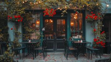 Charming outdoor cafe with vibrant red flowers in the evening near a cozy street photo