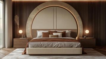 Modern bedroom design featuring a unique circular headboard and warm lighting in a serene space photo