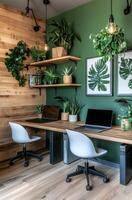 Modern office workspace with lush greenery and stylish decor in a contemporary home setting photo
