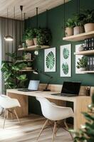 Modern office workspace with lush greenery and stylish decor in a contemporary home setting photo