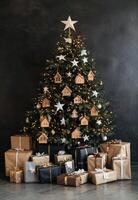 Beautifully decorated Christmas tree with handmade ornaments and neatly wrapped gifts underneath photo